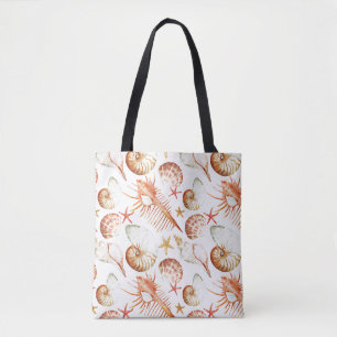 Koraal met schelpen en krabbetpatroon tote bag