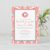 Koraal Monogram Damask Wedding Invitations Kaart (Staand voorkant)