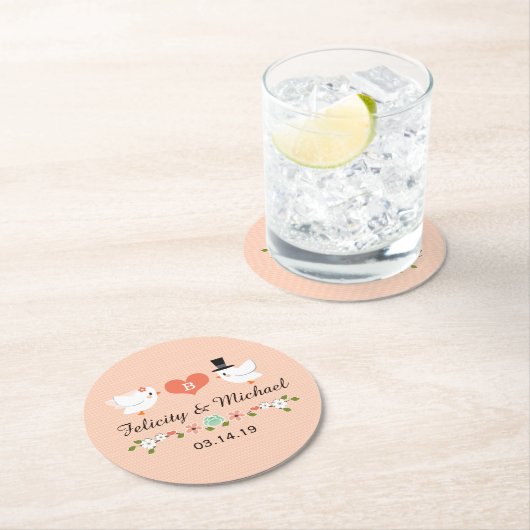 Koraal Monogram Liefdesduif Bruiloft Ronde Kartonnen Onderzetter (Insitu)