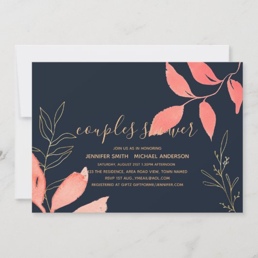 Koraal Navy Blauw Gouden Trouw Koppels Bruidsdouch Kaart (Voorkant)