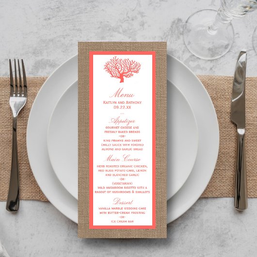 Koraal op Burlap Boho Beach Wedding Menu
