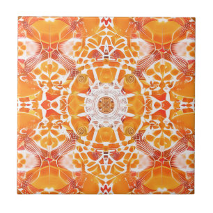 Koraal Oranje en Cream Batik Pattern Tegeltje
