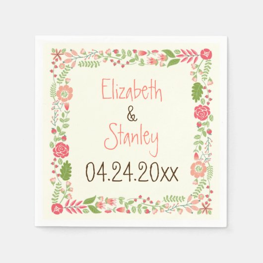 koraal perzik bloemenrand moderne bruiloft servet (Voorkant)