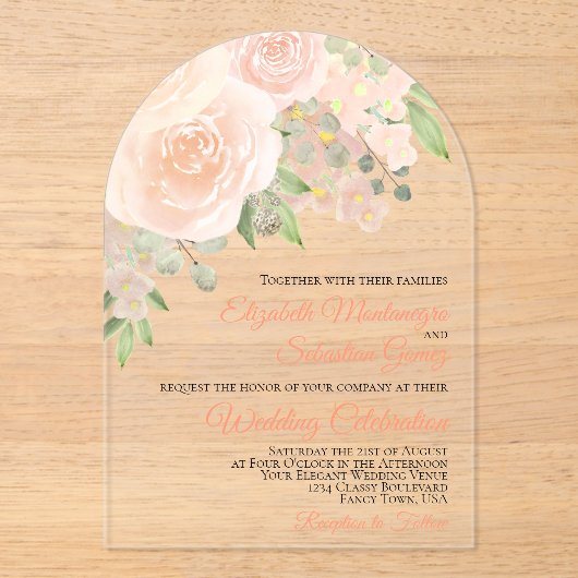 Koraal Perzik Waterverf Rozen Elegant Boog Huwelij Acryl Uitnodigingen (Voorkant)