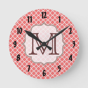 Koraal Quaterfoil Latti Monogram Initiaal Wandklok Ronde Klok