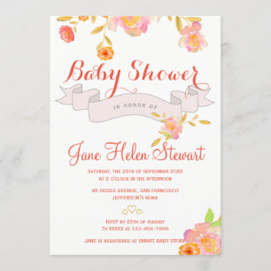 Koraal rode bloemen waterverf lint baby shower kaart