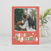 Koraal Rood Retro Groovy Vrolijk Kerstfeest Feestdagenkaart (Staand voorkant)