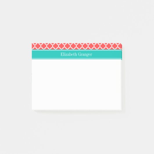 Koraal Rood Wit Marokkaans #5 Teal Naam Monogram Post-it® Notes (Voorkant)