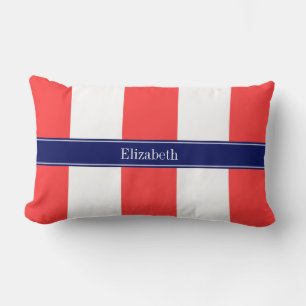 Koraal Rood, Witte XL Strepen, Marineblauw 5c Naam Kussen