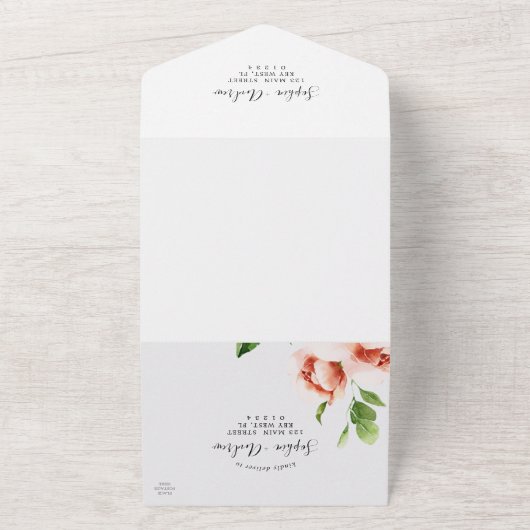 Koraal Roos & groen bladeren bruiloft All In One Uitnodiging (Buitenkant)