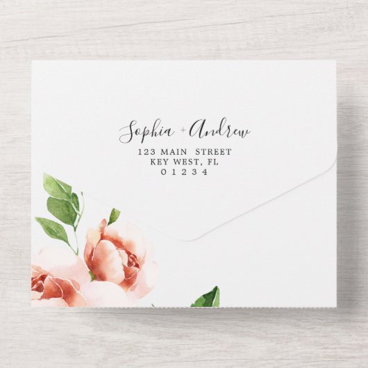 Koraal Roos & groen bladeren bruiloft All In One Uitnodiging (Achterkant)