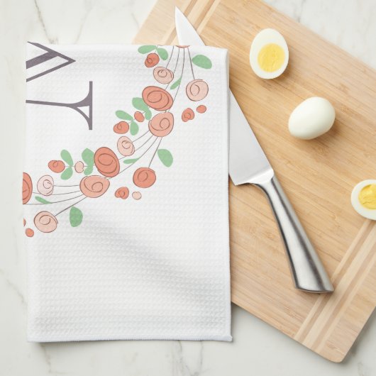 koraal roos met baarmoedermonogram theedoek (Quarter Fold)