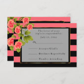 Koraal Roos op koraal- en zwarte strepen RSVP Kaartje (Voorkant / Achterkant)