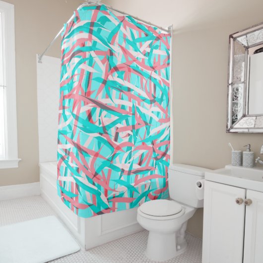 Koraal Roze Aqua Blauw Abstract Artsy Pattern Douchegordijn (In situ)