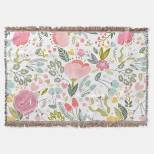 Koraal Roze Aquarel Bloemmotief Monogram Naam Deken
