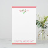 Koraal Roze en Groen Monogram Briefpapier (Staand voorkant)