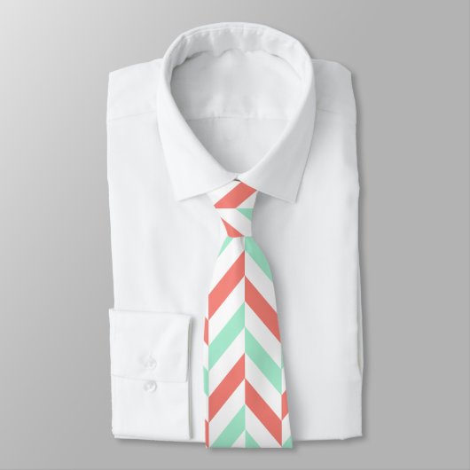 Koraal Roze en Mint Groen Herringbone Patroon Stropdas (Gebonden)