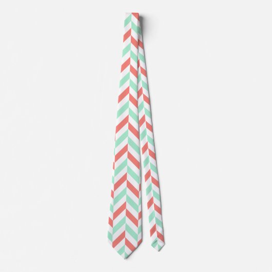 Koraal Roze en Mint Groen Herringbone Patroon Stropdas (Voorkant)