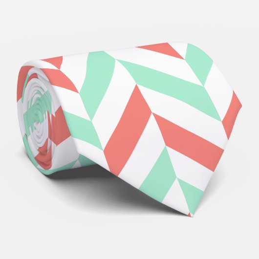 Koraal Roze en Mint Groen Herringbone Patroon Stropdas (Opgerold)