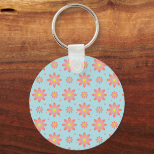 Koraal roze en poeder blauw delicate daisy bloemen sleutelhanger