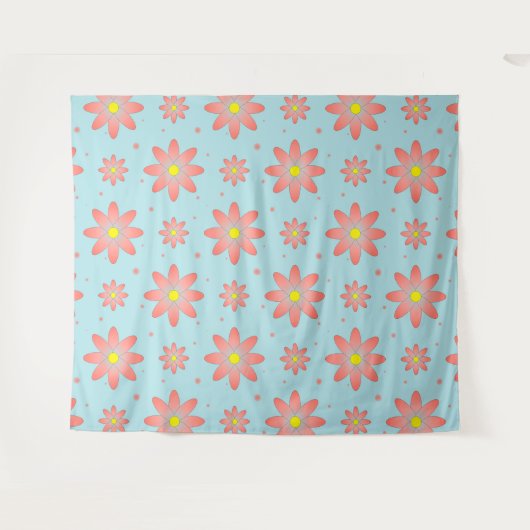 Koraal roze en poeder blauw delicate daisy bloemen wandkleed (Voorkant (horizontaal))