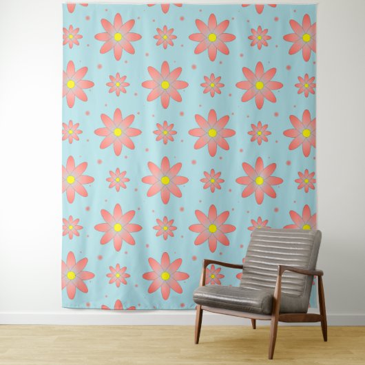 Koraal roze en poeder blauw delicate daisy bloemen wandkleed (In situ)