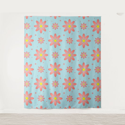 Koraal roze en poeder blauw delicate daisy bloemen wandkleed (Voorkant)