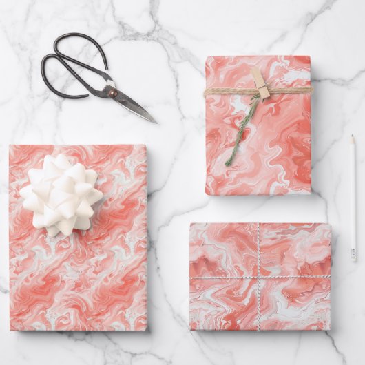 Koraal Roze en Wit Marmer-achtige Vloeistof Patroo Inpakpapier Vel (Voorkant)
