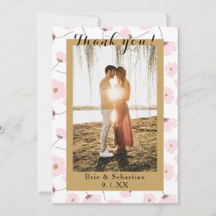 Koraal Roze & Goud Bloemen Foto Huwelijk Bedankt Kaart