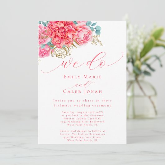 Koraal Roze Goud Bloemen Intieme Courthouse bruilo Kaart (Staand voorkant)