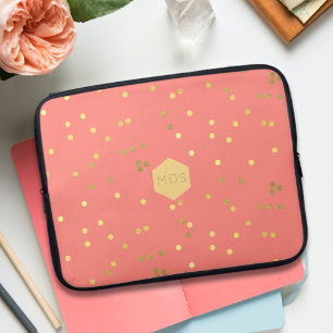 Koraal Roze Gouden Folie Confetti Sprinkles Monogr Laptop Sleeve