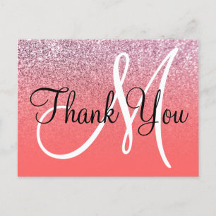 Koraal Roze Ombre Glitter Monogram Dank Je Wel Briefkaart