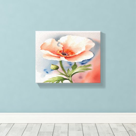 Koraal Roze Poppy Flower Stretched Canvas Print (Insitu (Houten vloer))
