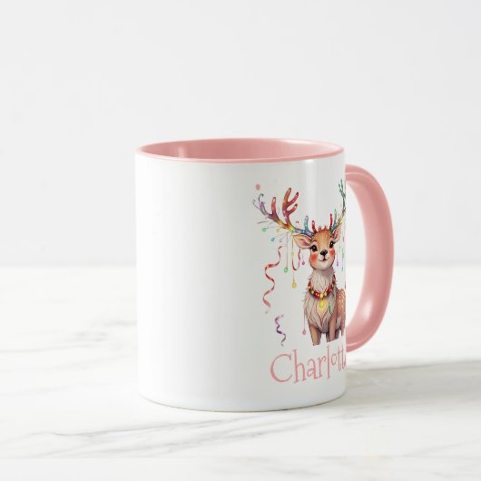 Koraal Roze Rendier en Kerstmis Feestelijke Lichte Mok (Voorkant rechts)