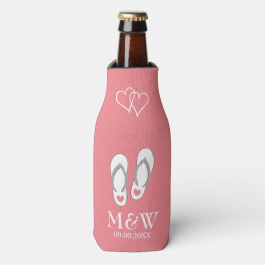 Koraal roze teenslippers strand bruiloft fles koel flesjeskoeler (Fles Voorkant)