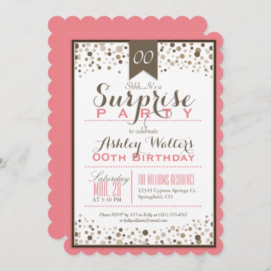 Koraal Roze, Wit, Taupe Surprise Party Kaart (Voorkant / Achterkant)