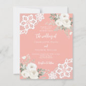 Koraal roze witte kant bruiloft uitnodiging (Voorkant)
