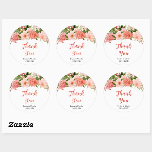 Koraal Rozen Bloemen bruiloft Dank u Ronde Sticker (Vel)