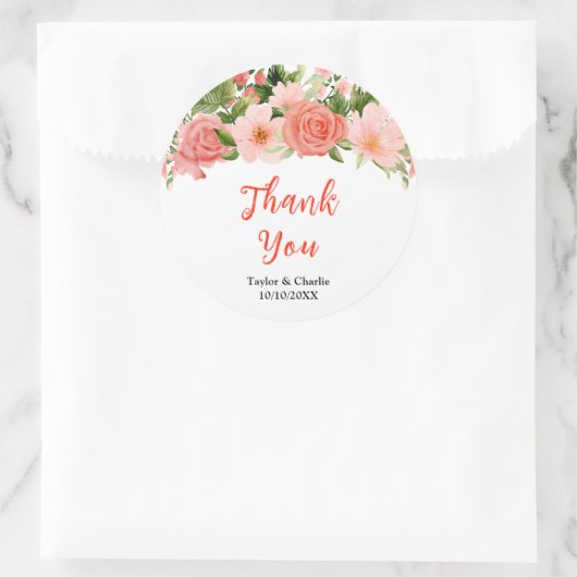 Koraal Rozen Bloemen bruiloft Dank u Ronde Sticker (Tas)