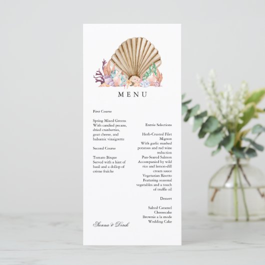 Koraal & Seashell strand bruiloft Menu (Staand voorkant)