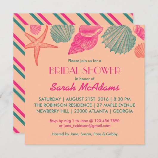 Koraal Seashells Weddenschap Bridal Uitnodiging (Voorkant / Achterkant)