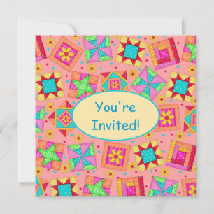 Koraal Sinaasappel Geel Patchwork Quilt Block Art Kaart