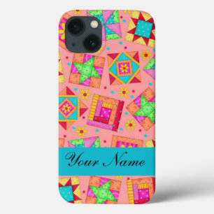 Koraal Sinaasappel Kleurrijke Patchwork Quiltblok  iPhone 13 Hoesje
