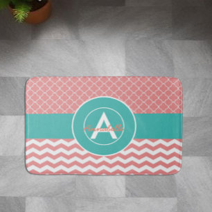 Koraal Teal Chevron Vierblad Badmat