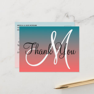 Koraal Teal Ombre Monogram Bedankt Briefkaart