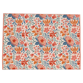 Koraal & Teal Tuinbloemen op Zachte Beige Groot Cadeauzakje