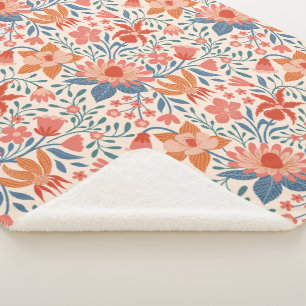 Koraal & Teal Tuinbloemen op Zachte Beige Sherpa Deken