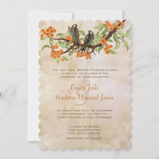 Koraal Tortelduifjes Tea Stain Wedding Invites Kaart (Voorkant)