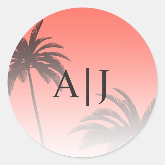 Koraal Tropisch palmboom Beach Monogram Weddenscha Ronde Sticker (Voorkant)