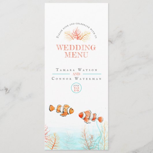 Koraal tropische vis oceaan waterverf bruiloft men menu (Voorkant)